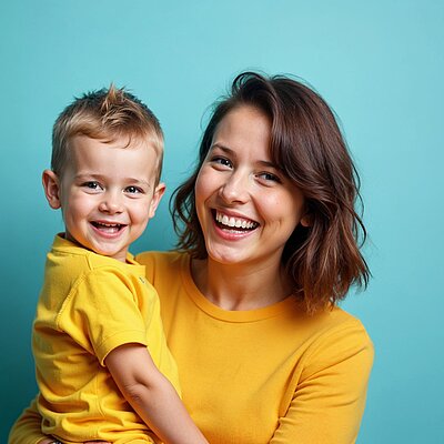 Eine Frau hält ein kleines Kind auf dem Arm. Beide Lächeln