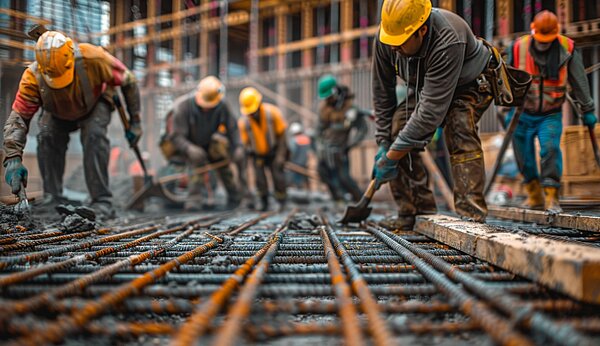 Bauarbeiter arbeiten an Eisengeflechten