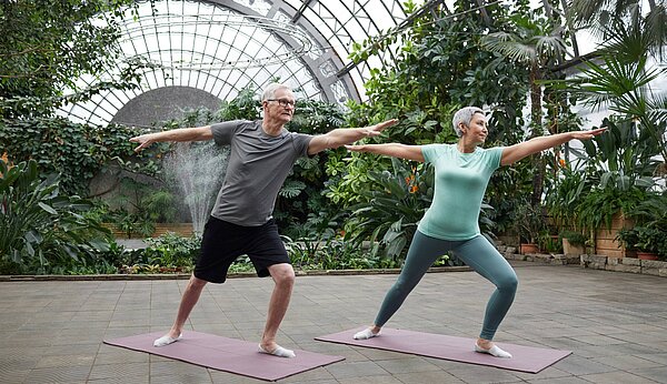 Zwei ältere Personen praktizieren Yoga auf Matten